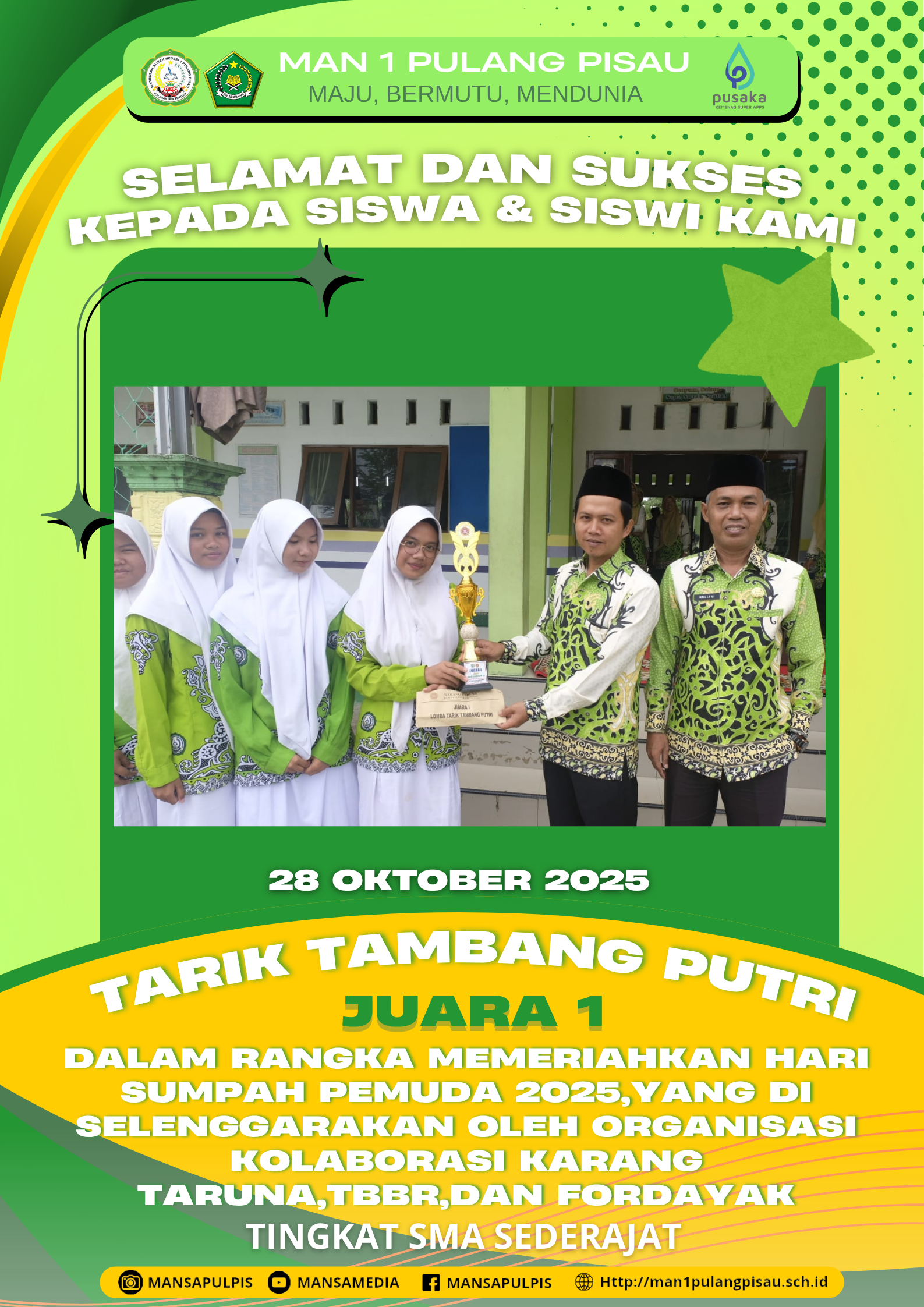 SISWI MAN 1 PULANG PISAU PLUS KETERAMPILAN BERHASIL MERAIH JUARA DALAM LOMBA TARIK TAMBANG TINGKAT KABUPATEN PULANG PISAU TAHUN 2025